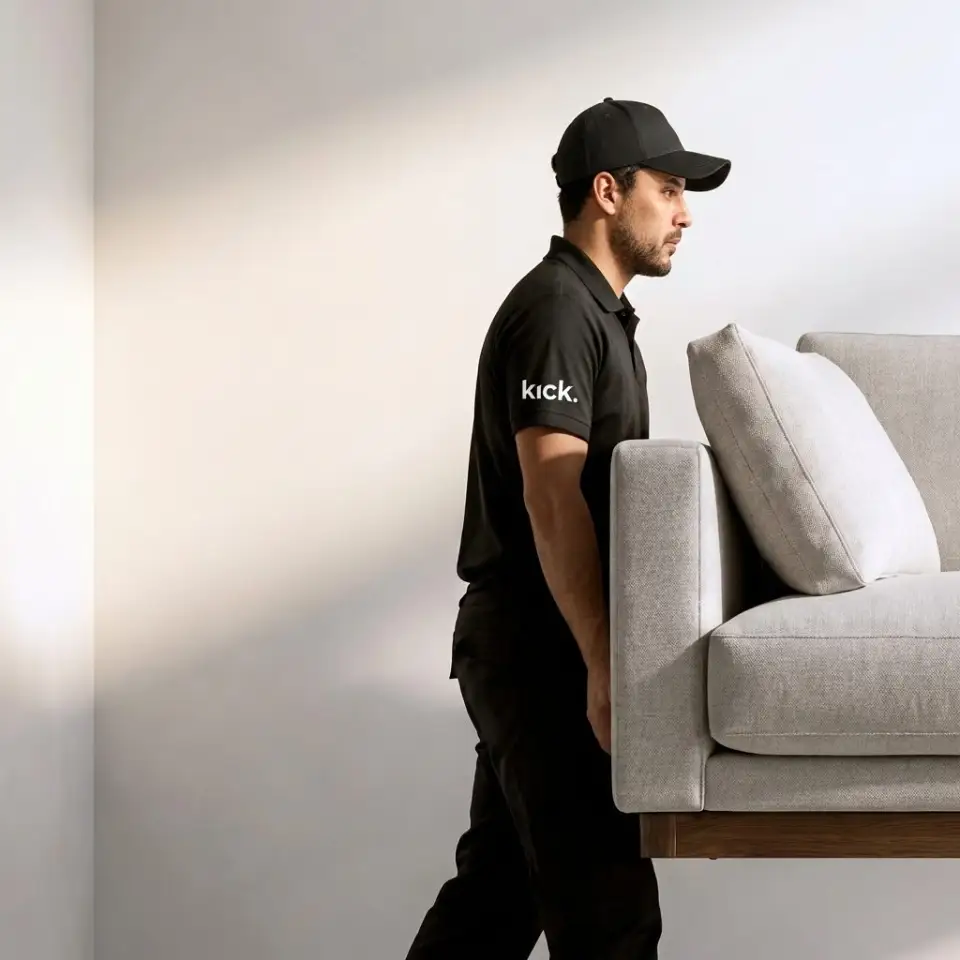 A Kick Collection delivery driver carries a sofa inside