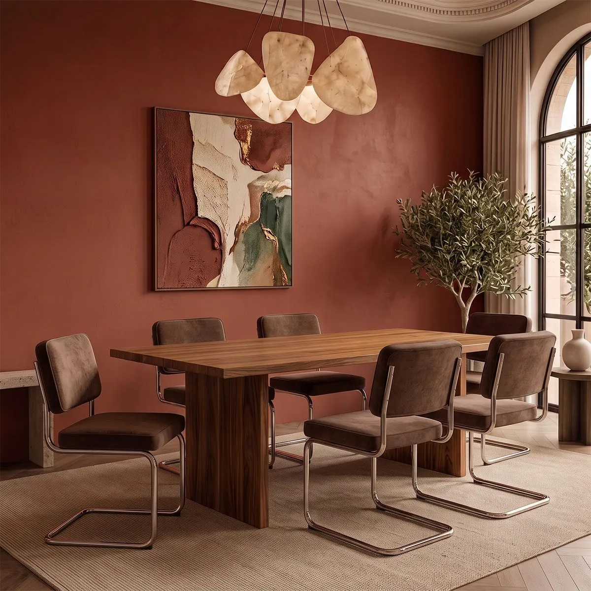 Noxx cantilever chairs in brown at a wooden dining table
